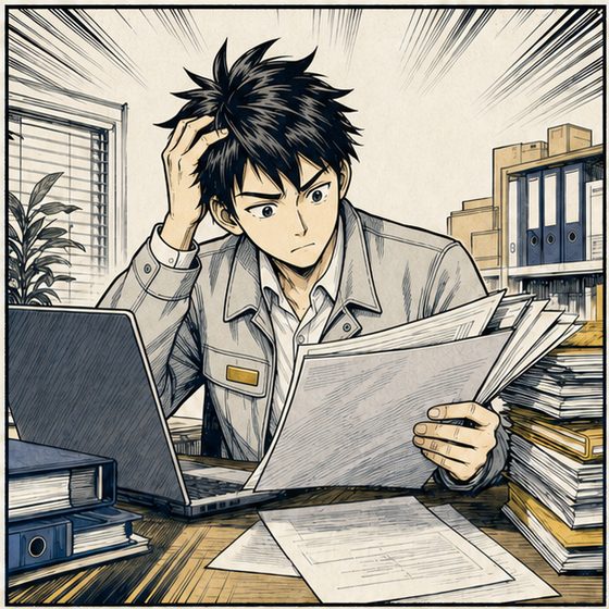 資料が見つからず頭を抱える若手社員の漫画