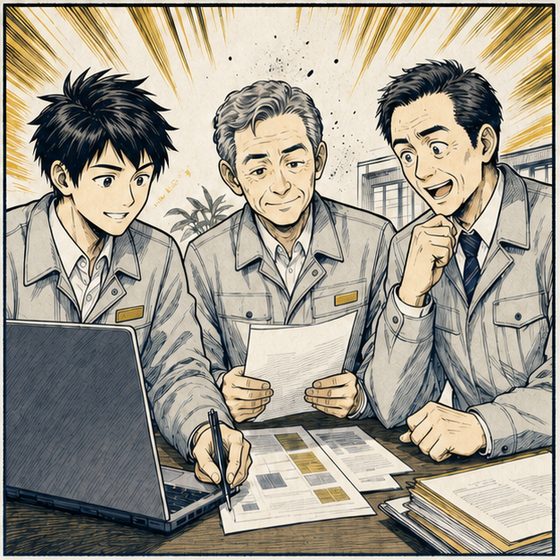 笑顔で資料を見る社員たち